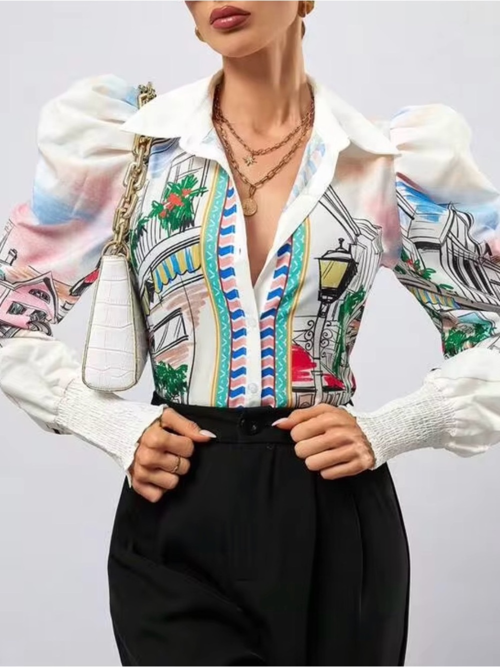 SHEIN White Multi-Print Puff Sleeve Button-Down Shirt